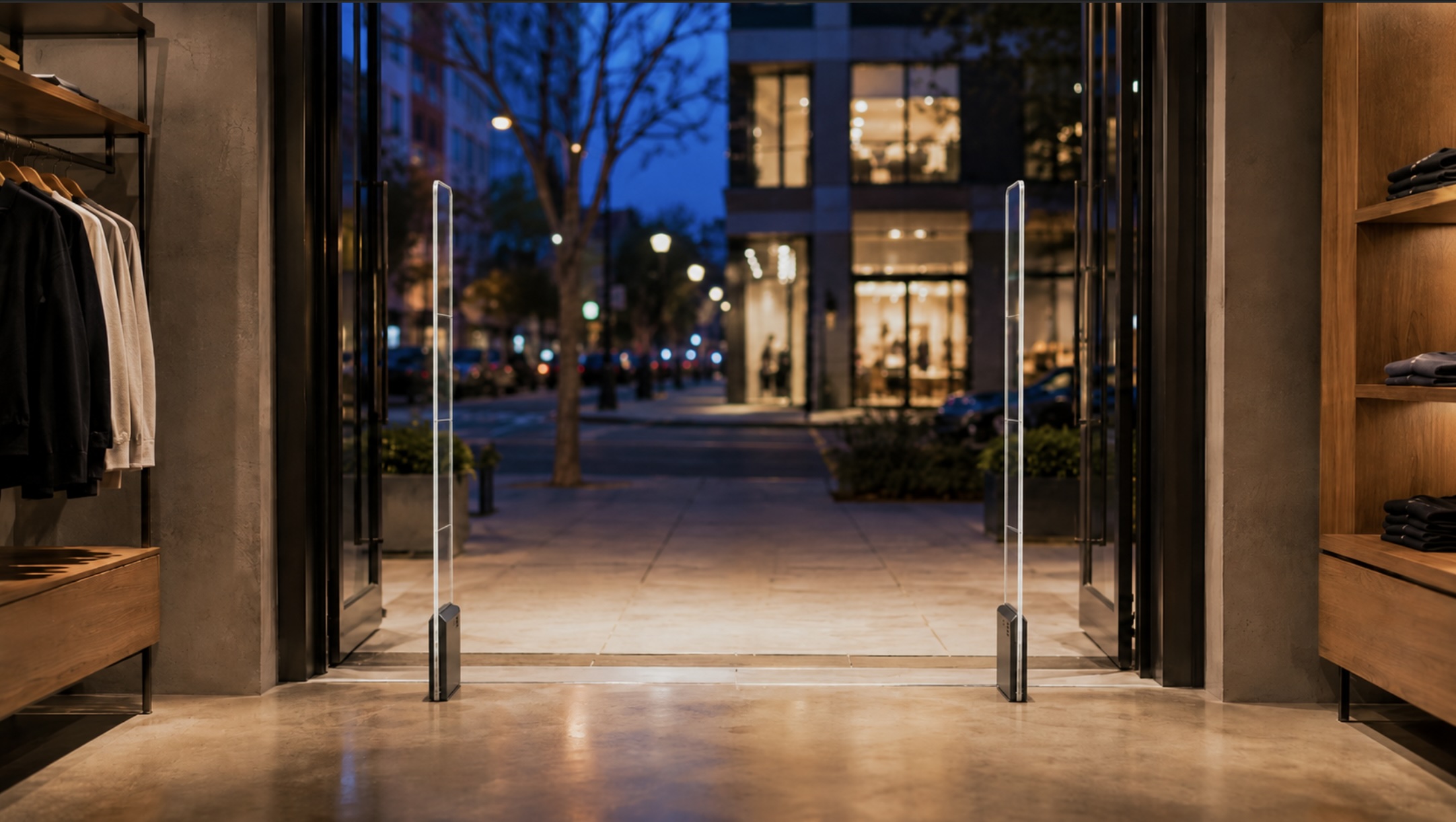 Two slim acrylic EAS security pedestals flanking the open doorway of a modern retail store at dusk.